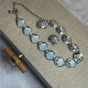 Vintage Moonglow Lucite Jewelry Set Blue Rhinestone Necklace Clip Earrings 1950s